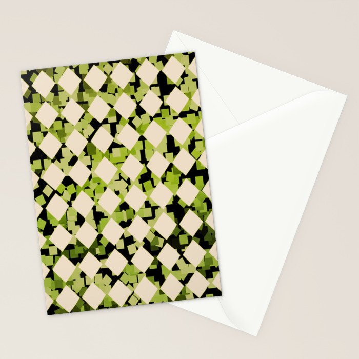Geometric Checkerboard with Confetti Squares Green Black on Beige Stationery Card Gallery Image 2