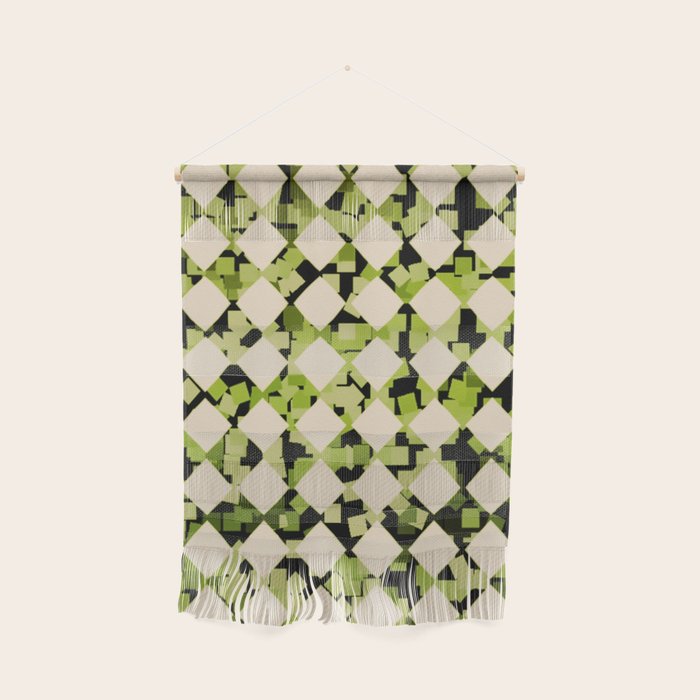 Geometric Checkerboard with Confetti Squares Green Black on Beige Wall Hanging Gallery Image 1