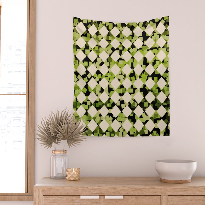 Geometric Checkerboard with Confetti Squares Green Black on Beige Wall Tapestry Gallery Image 2