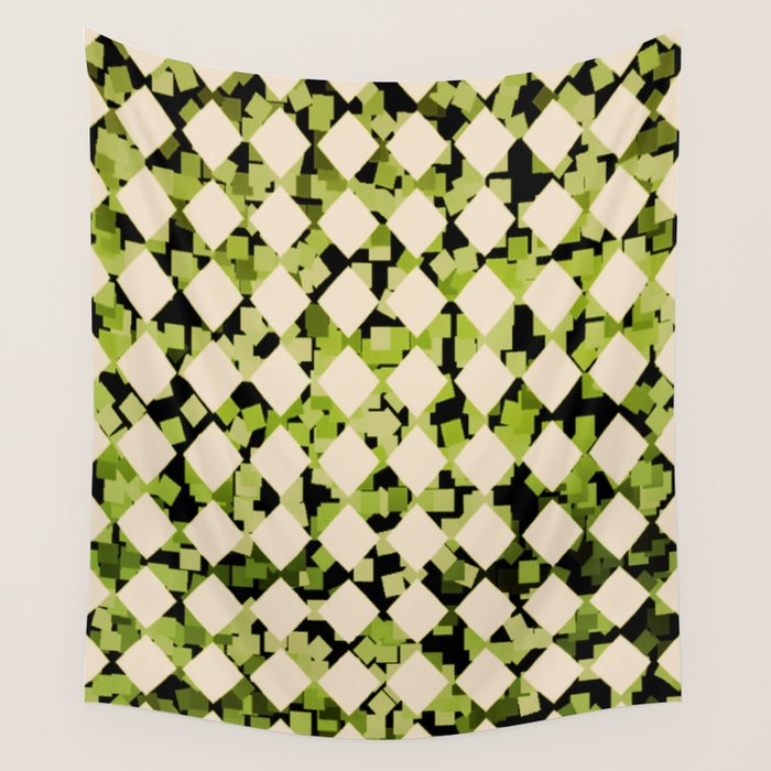 Geometric Checkerboard with Confetti Squares Green Black on Beige Wall Tapestry Gallery Image 4