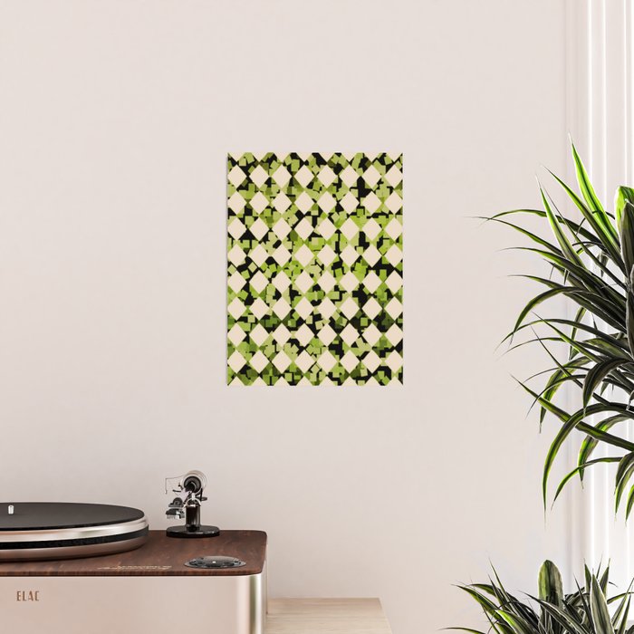 Geometric Checkerboard with Confetti Squares Green Black on Beige Poster Gallery Image 2