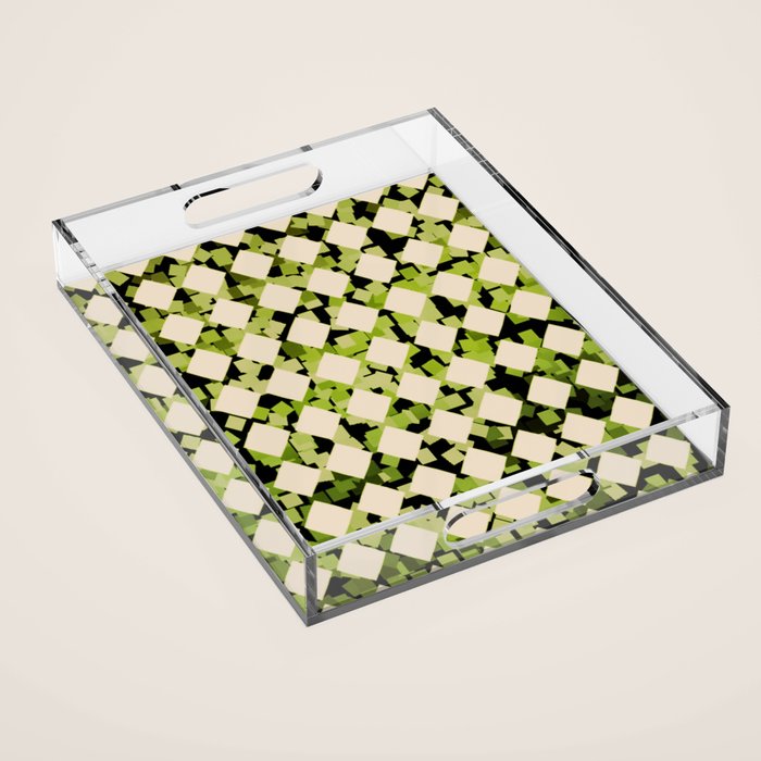 Geometric Checkerboard with Confetti Squares Green Black on Beige Acrylic Tray Gallery Image 1