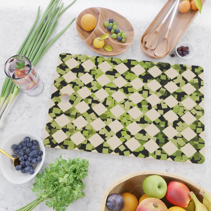 Geometric Checkerboard with Confetti Squares Green Black on Beige Cutting Board Gallery Image 2