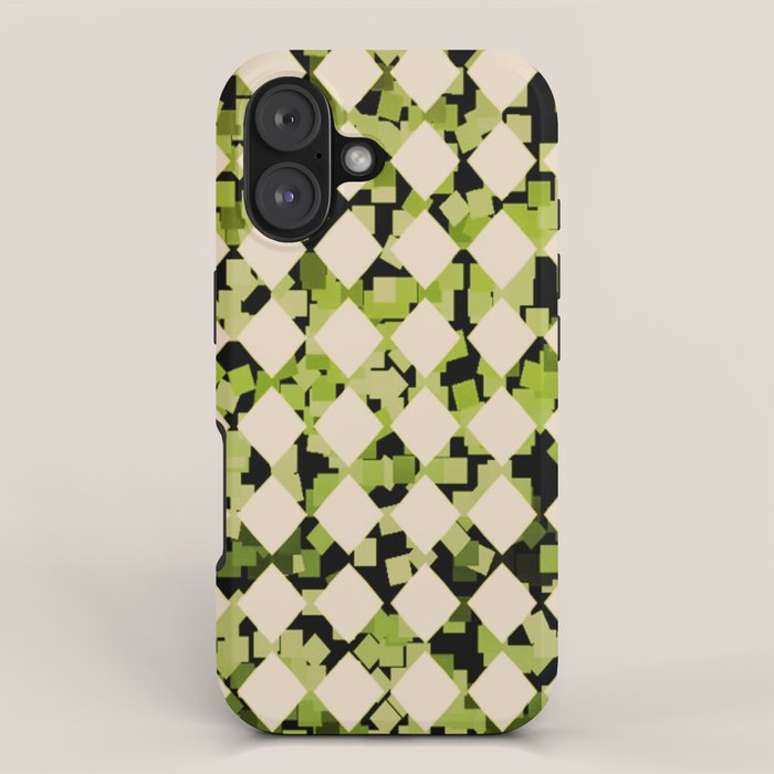 Geometric Checkerboard with Confetti Squares Green Black on Beige iPhone Case Gallery Image 1