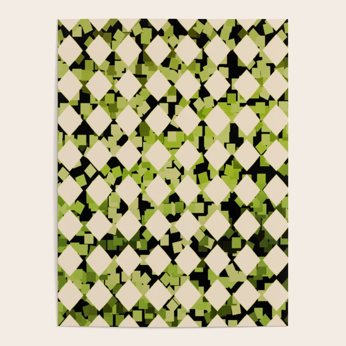 Geometric Checkerboard with Confetti Squares Green Black on Beige Poster Gallery Image 1
