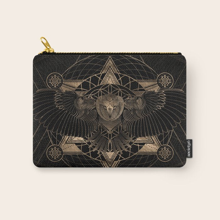 Owl in Sacred Geometry Composition - Black and Gold Carry All Pouch Gallery Image 1