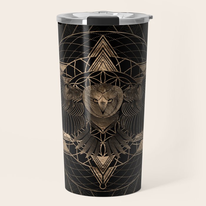 Owl in Sacred Geometry Composition - Black and Gold Travel Mug Gallery Image 1