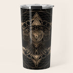 Owl in Sacred Geometry Composition - Black and Gold Travel Mug Gallery Image 1