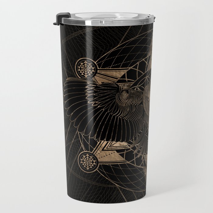 Owl in Sacred Geometry Composition - Black and Gold Travel Mug Gallery Image 3