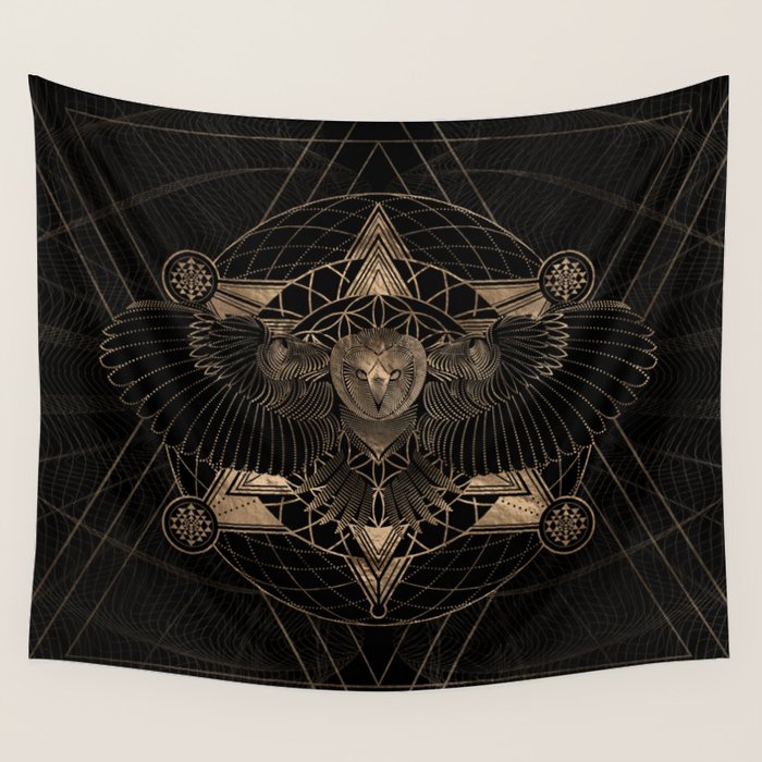 Owl in Sacred Geometry Composition - Black and Gold Wall Tapestry Gallery Image 1