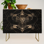 Owl in Sacred Geometry Composition - Black and Gold Credenza Gallery Image 1