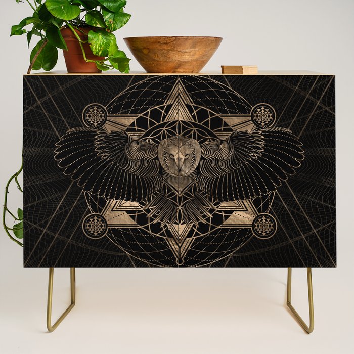 Owl in Sacred Geometry Composition - Black and Gold Credenza Gallery Image 1