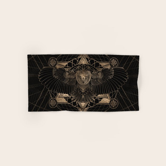 Owl in Sacred Geometry Composition - Black and Gold Towels Gallery Image 1