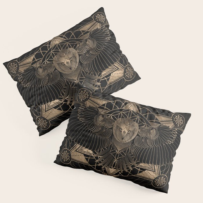 Owl in Sacred Geometry Composition - Black and Gold Pillow Sham Gallery Image 3
