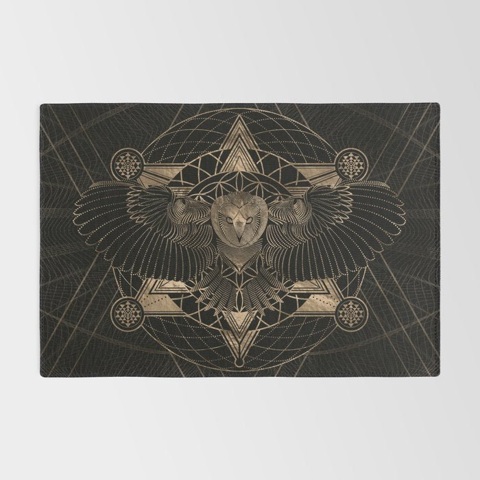 Owl in Sacred Geometry Composition - Black and Gold Rug Gallery Image 2