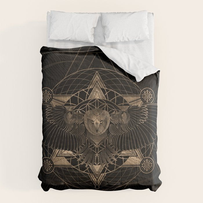Owl in Sacred Geometry Composition - Black and Gold Comforter Gallery Image 1