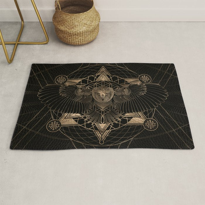 Owl in Sacred Geometry Composition - Black and Gold Rug Gallery Image 1