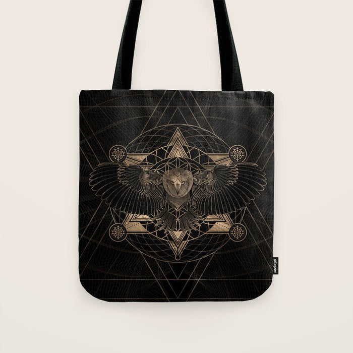 Owl in Sacred Geometry Composition - Black and Gold Tote Bag Gallery Image 1