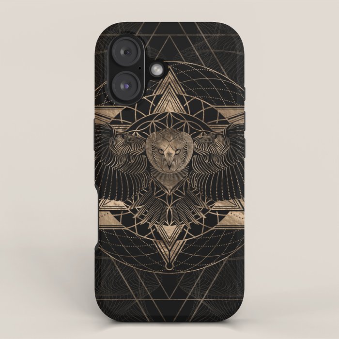 Owl in Sacred Geometry Composition - Black and Gold iPhone Case Gallery Image 1