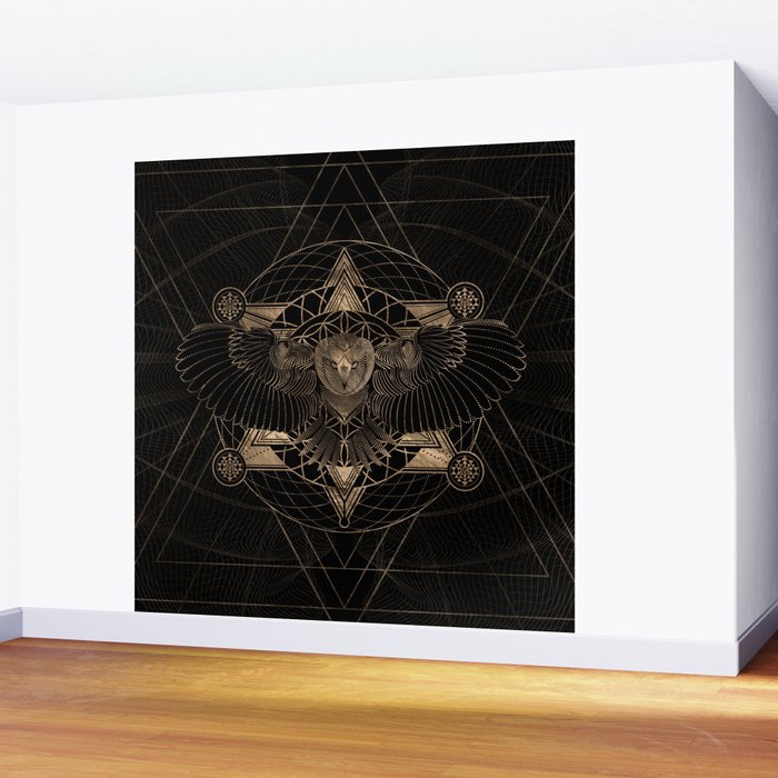 Owl in Sacred Geometry Composition - Black and Gold Wall Mural Gallery Image 2