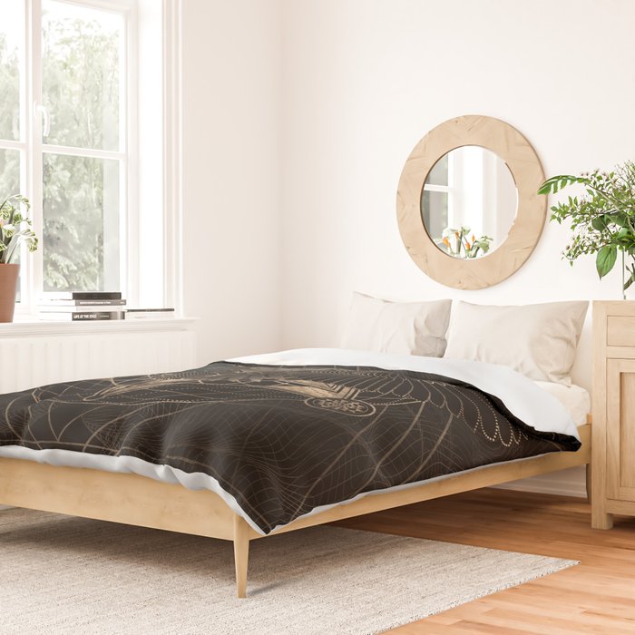 Owl in Sacred Geometry Composition - Black and Gold Duvet Cover Gallery Image 2