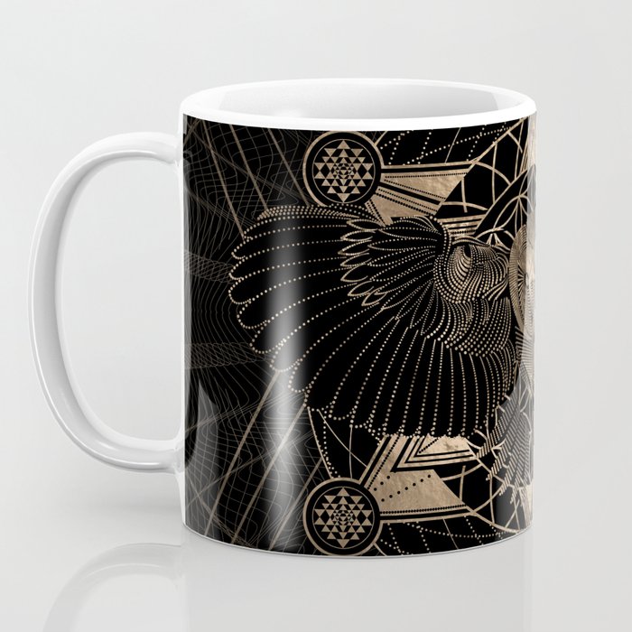 Owl in Sacred Geometry Composition - Black and Gold Coffee Mug Gallery Image 3