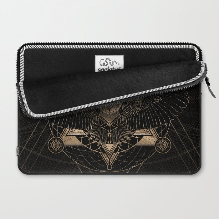 Owl in Sacred Geometry Composition - Black and Gold Laptop Sleeve Gallery Image 2