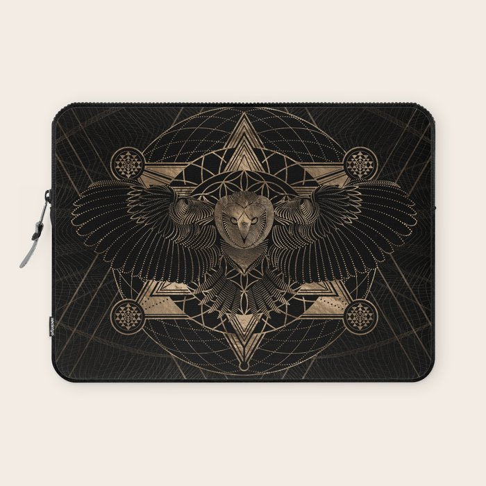 Owl in Sacred Geometry Composition - Black and Gold Laptop Sleeve Gallery Image 1