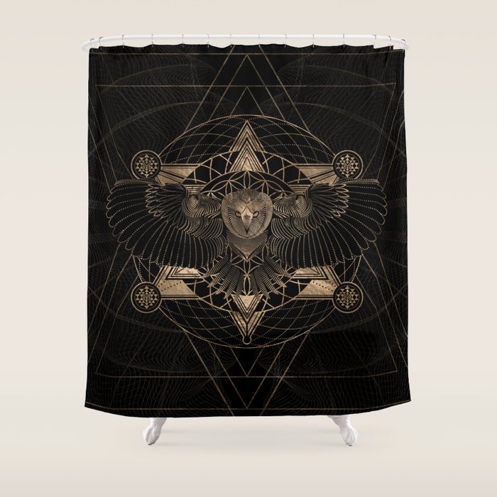 Owl in Sacred Geometry Composition - Black and Gold Shower Curtain Gallery Image 1