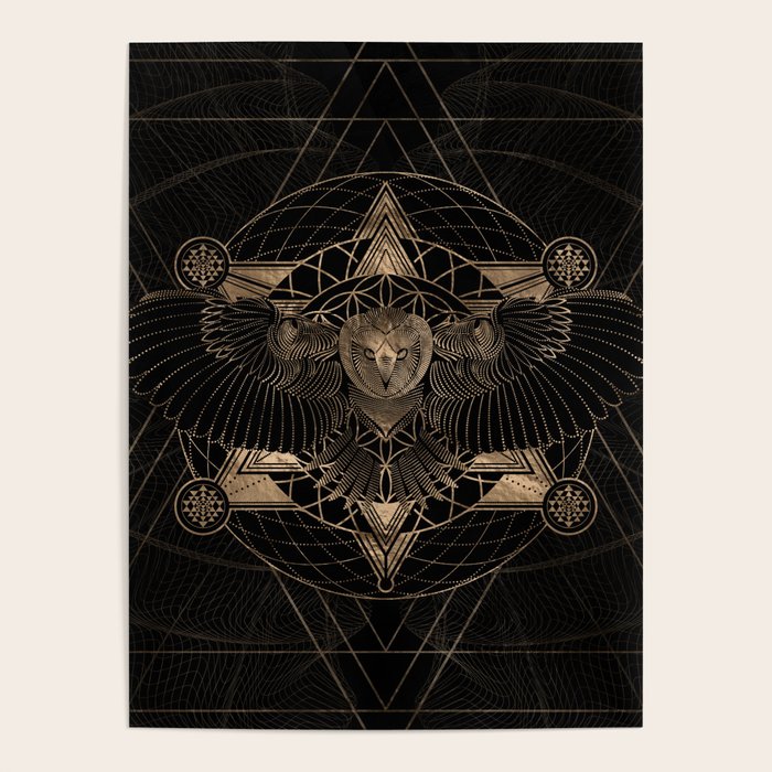 Owl in Sacred Geometry Composition - Black and Gold Poster Gallery Image 4