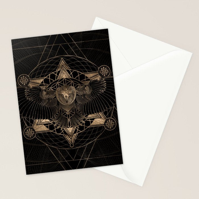Owl in Sacred Geometry Composition - Black and Gold Stationery Card Gallery Image 2