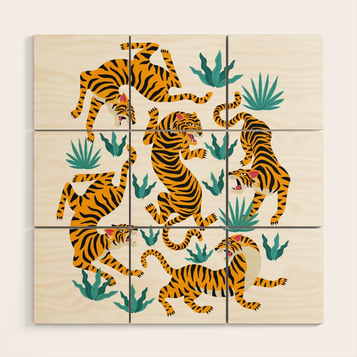 Tigers and tropical leaves. Wood Wall Art Gallery Image 1