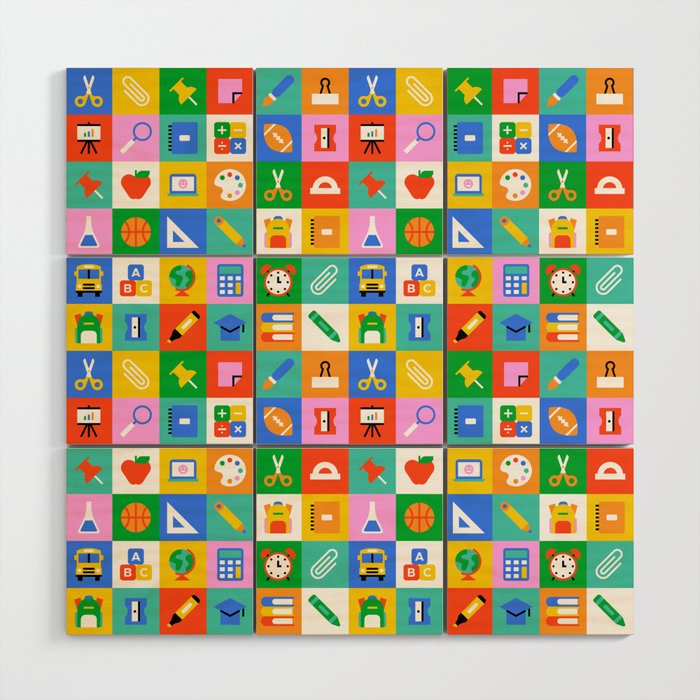 Colorful back to school geometric mosaic pattern Wood Wall Art Gallery Image 1