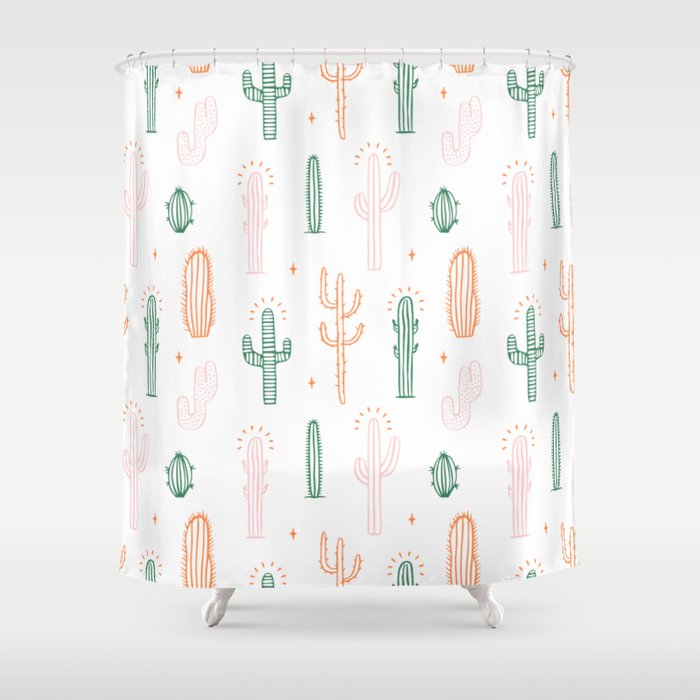 Retro hand drawn cactus plant pattern Shower Curtain Gallery Image 1