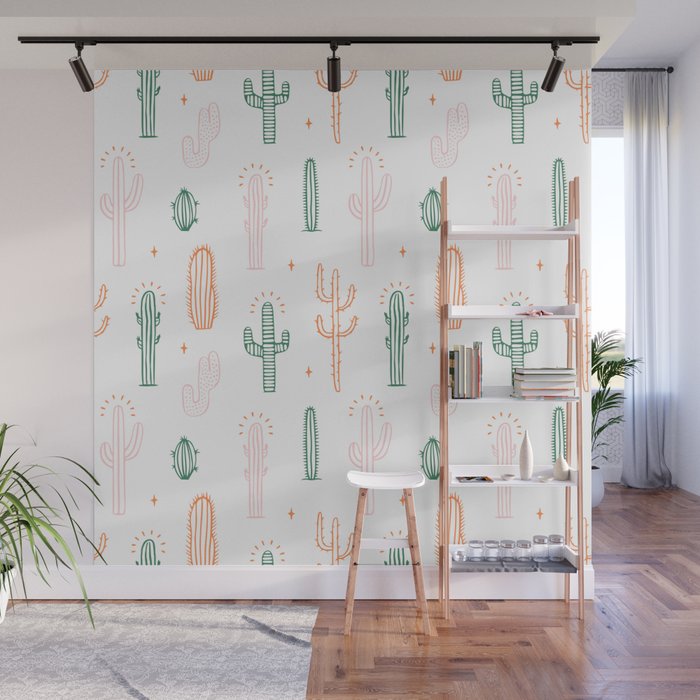 Retro hand drawn cactus plant pattern Wall Mural Gallery Image 1