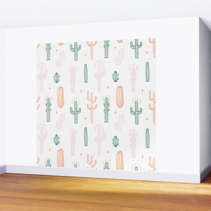 Retro hand drawn cactus plant pattern Wall Mural Gallery Image 2