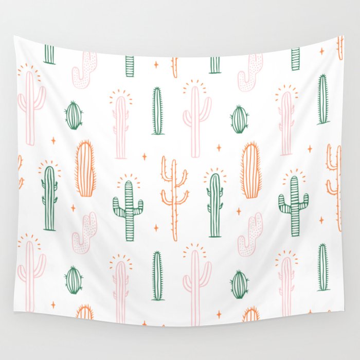 Retro hand drawn cactus plant pattern Wall Tapestry Gallery Image 1