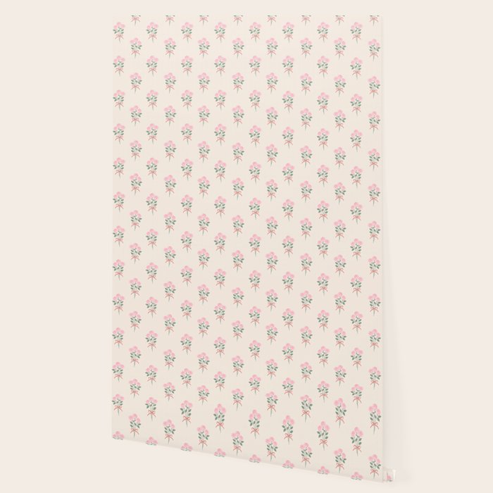 Vintage Pink Rose Bouquets with Ribbon Bows on Cream Wallpaper Gallery Image 2