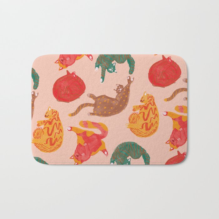 Sleepy Cozy Kitty Cats in Green & Orange Bath Mat Gallery Image 1