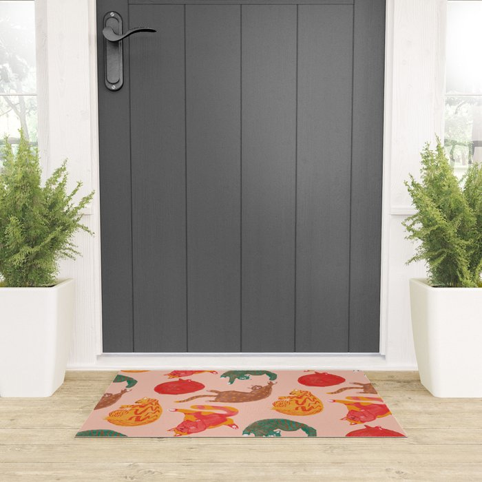 Sleepy Cozy Kitty Cats in Green & Orange Welcome Mat Gallery Image 3