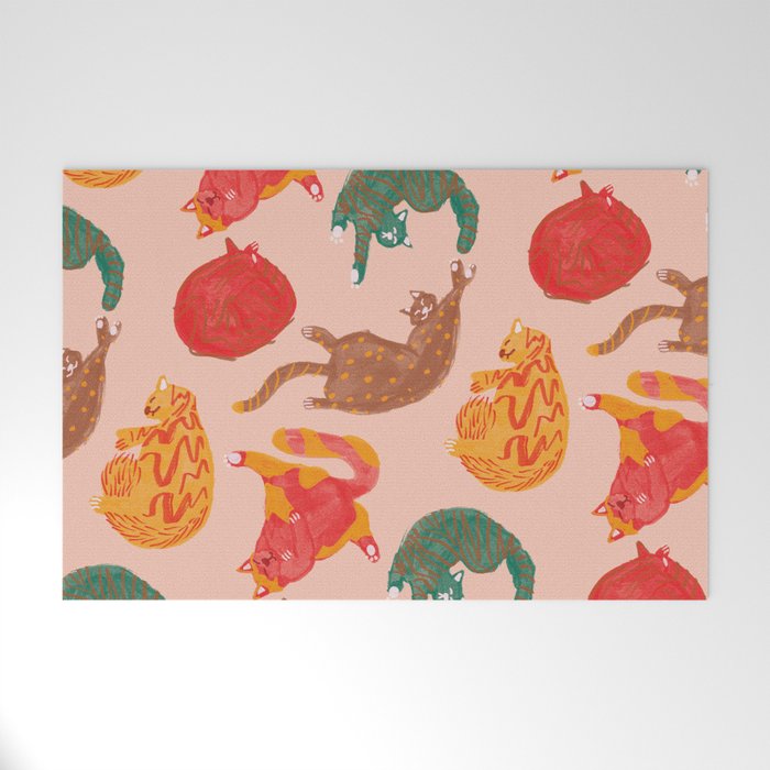 Sleepy Cozy Kitty Cats in Green & Orange Welcome Mat Gallery Image 1