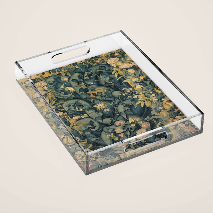 Antique French Verdure Secret Forest Garden Tapestry Acrylic Tray Gallery Image 1
