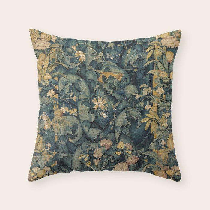 Antique French Verdure Secret Forest Garden Tapestry Throw Pillow Gallery Image 6