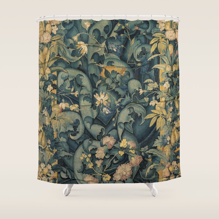 Antique French Verdure Secret Forest Garden Tapestry Shower Curtain Gallery Image 1