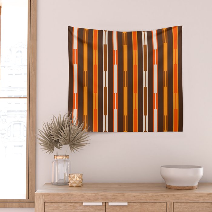 Retro Geo Chain Vertical Stripes Geometric Color Block Pattern in 70s Brown and Orange Wall Tapestry Gallery Image 2