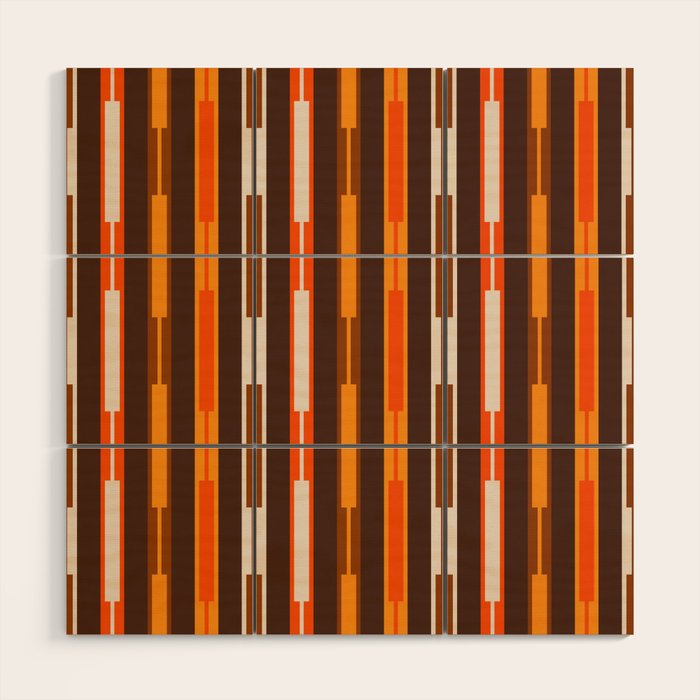 Retro Geo Chain Vertical Stripes Geometric Color Block Pattern in 70s Brown and Orange Wood Wall Art Gallery Image 1