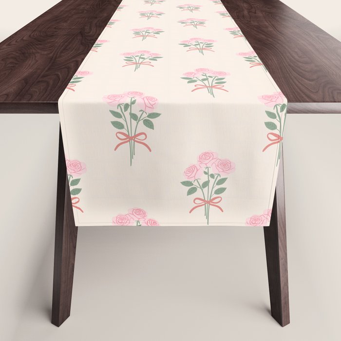 Vintage Pink Rose Bouquets with Ribbon Bows on Cream Table Runner Gallery Image 1