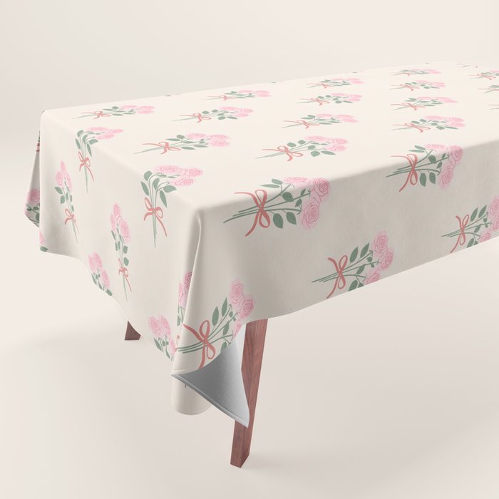 Vintage Pink Rose Bouquets with Ribbon Bows on Cream Tablecloth Gallery Image 1