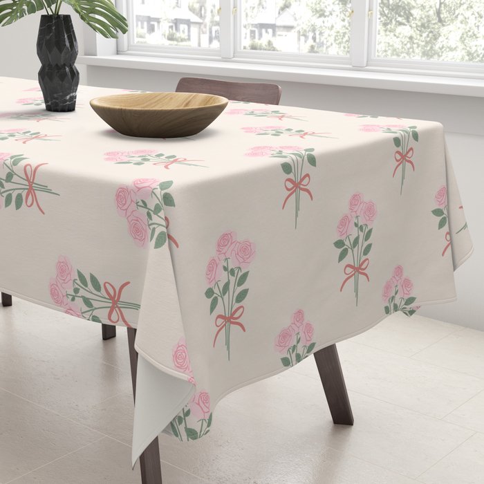 Vintage Pink Rose Bouquets with Ribbon Bows on Cream Tablecloth Gallery Image 3