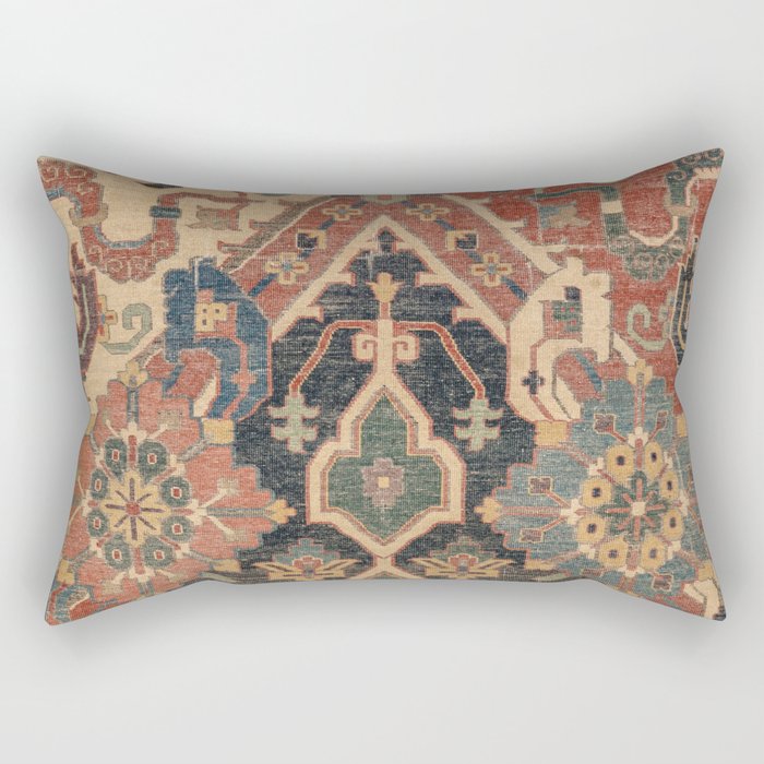 Geometric Leaves I // 18th Century Distressed Red Blue Green Colorful Ornate Accent Rug Pattern Rectangular Pillow Gallery Image 1